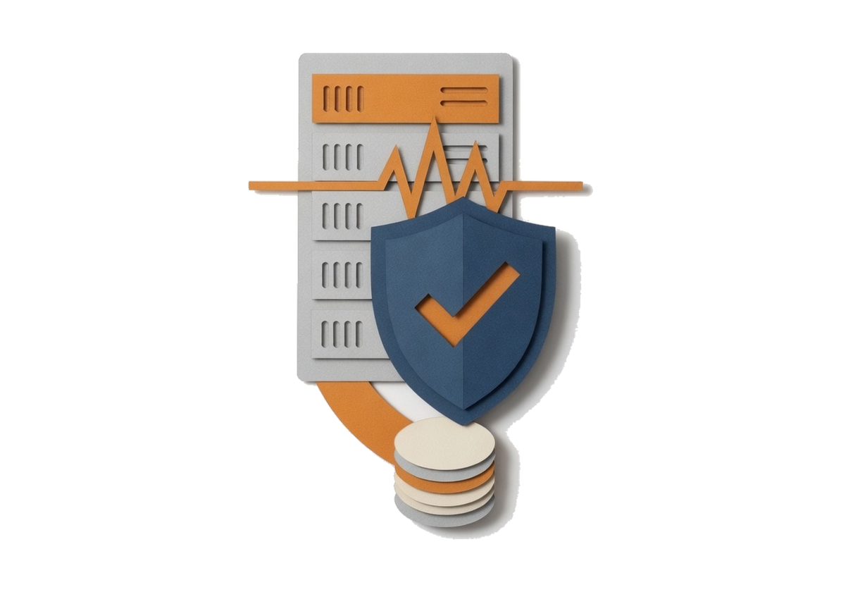 A cut-paper server rack behind a shield, with a pulse line and a stack of copies held apart
