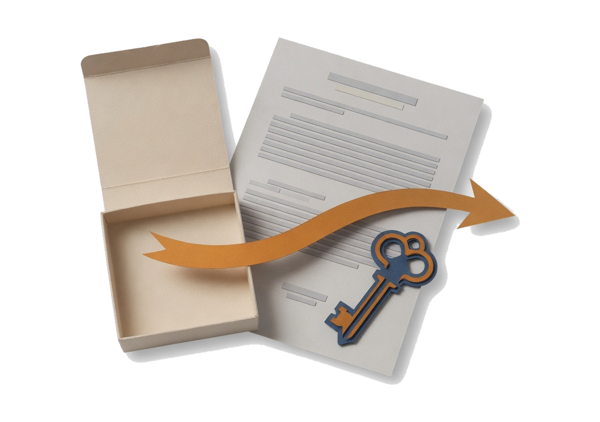 An empty cut-paper box with the work and a key leaving it along an amber arrow