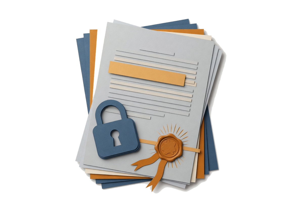 Cut-paper quotation sheets with one amber line, held by a padlock and sealed with wax