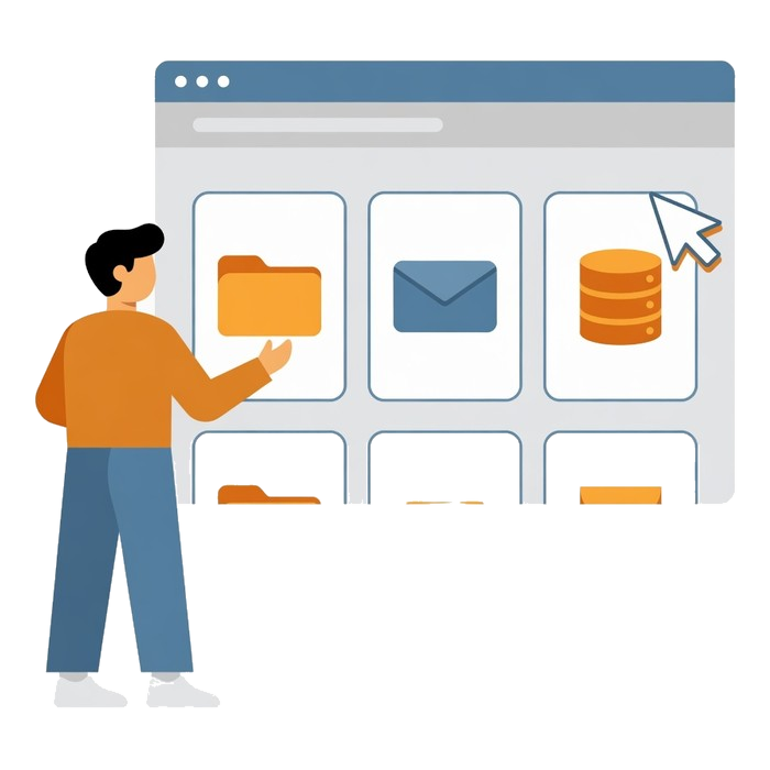 A person using a hosting control panel showing tools for files, email and databases