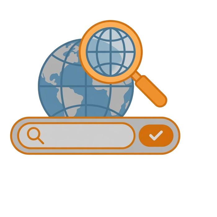 A globe with a magnifying glass over it above a domain search field