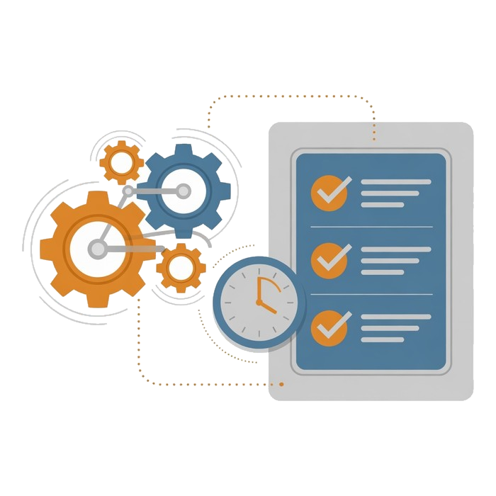 Gears and a checklist representing scheduled automation