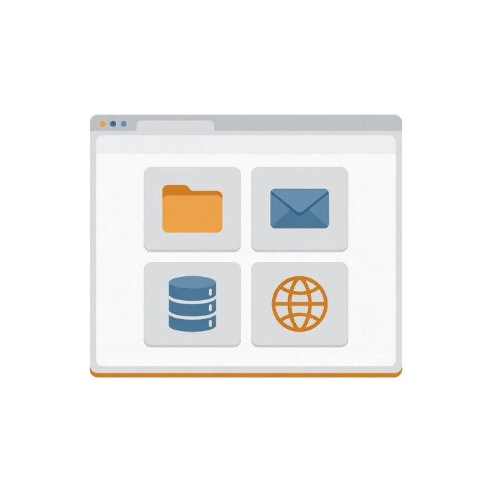 A hosting control panel showing tools for files, email, databases and domains